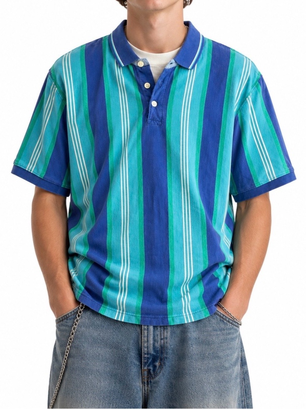 Vintage 90s Van Heusen blue vertical striped polo shirt Men’s Baggy size Large